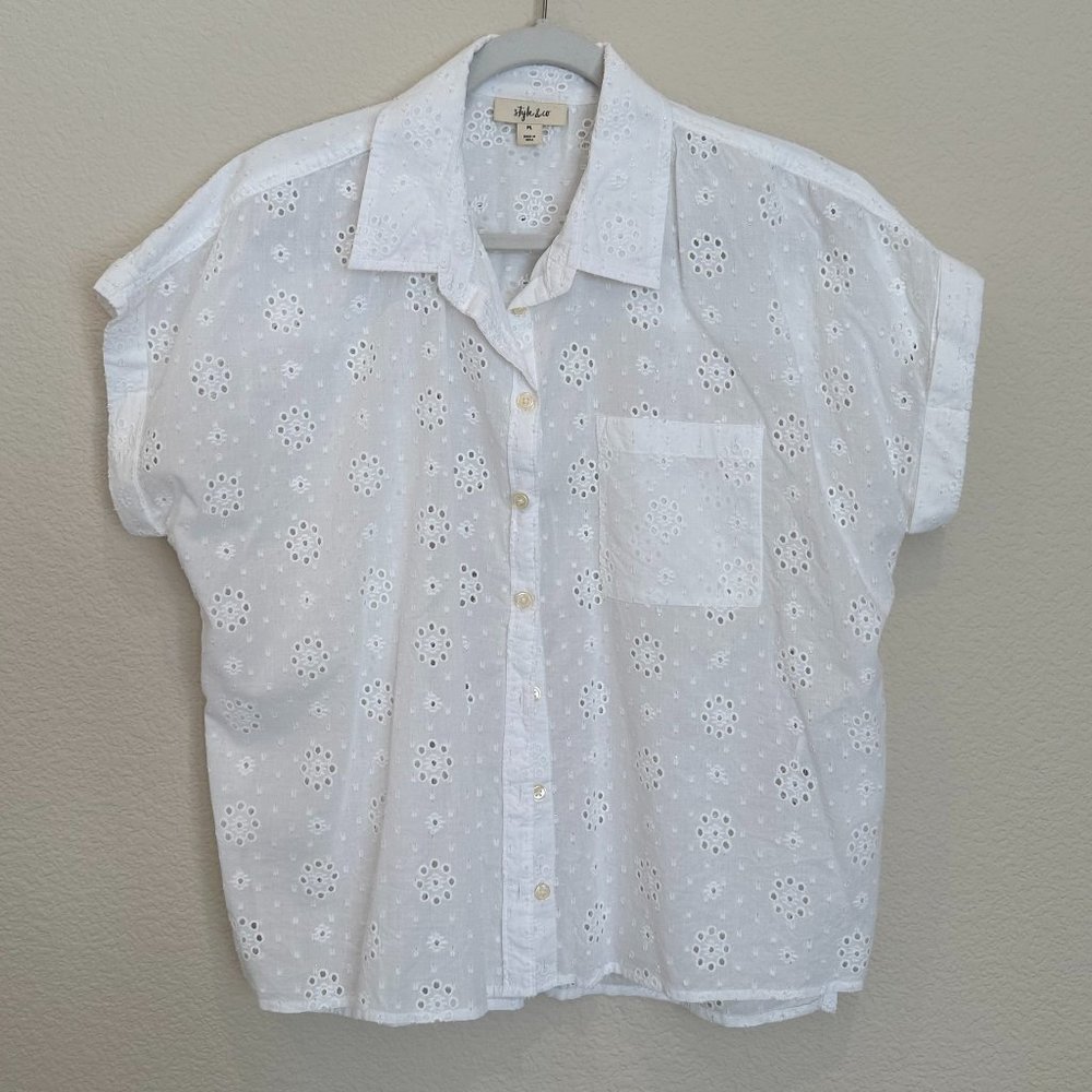 Style & Co White Button Down Blouse with Sparkle Detail